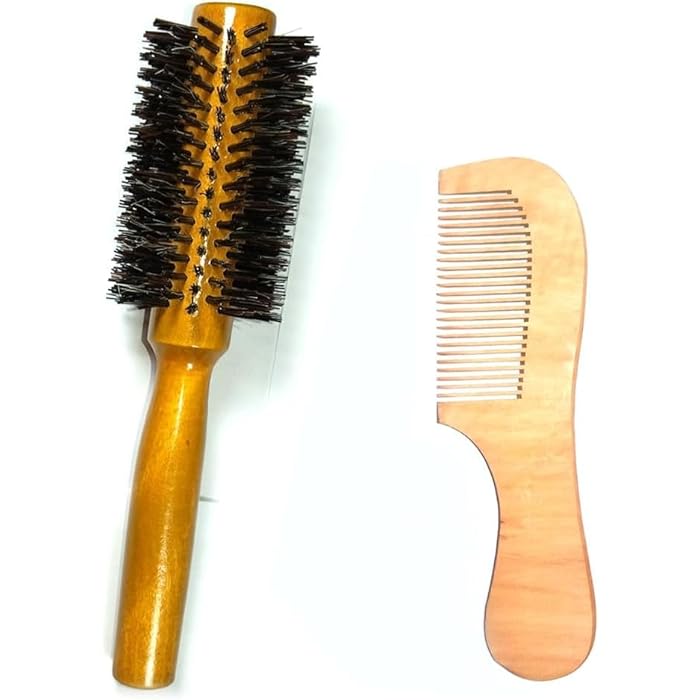 Round Bristle Hair Styling Brush with Natural Wood Handle and Wood Comb (Large) - Image 1